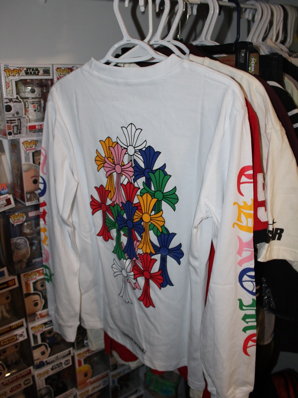 Chrome Hearts White Long Sleeve Tee with Multi-Color Floral Crosses